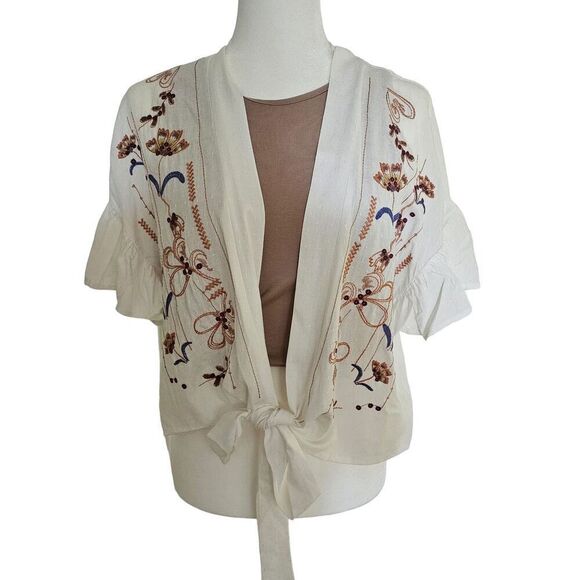 ✨Mystree Kimono Embroidered Ruffle Sleeve Sz Small Top Tie Front✨ - Picture 6 of 12